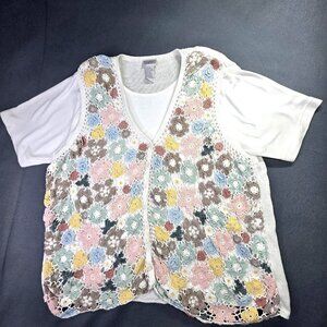 Koret Francisca Sweater Women 2X White Crochet Pastel Floral Vest Top Cottage